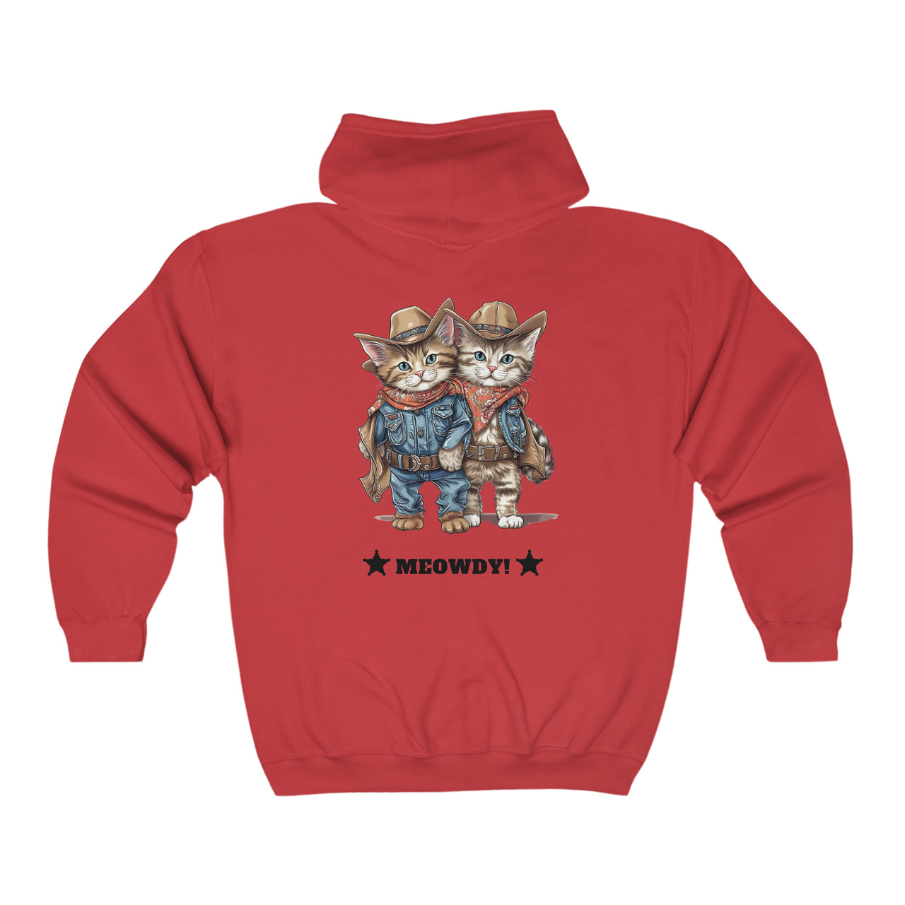 Meowdy Unisex Full Zip Hooded Sweatshirt Kittens Dressed as Cowboys-Red-Back