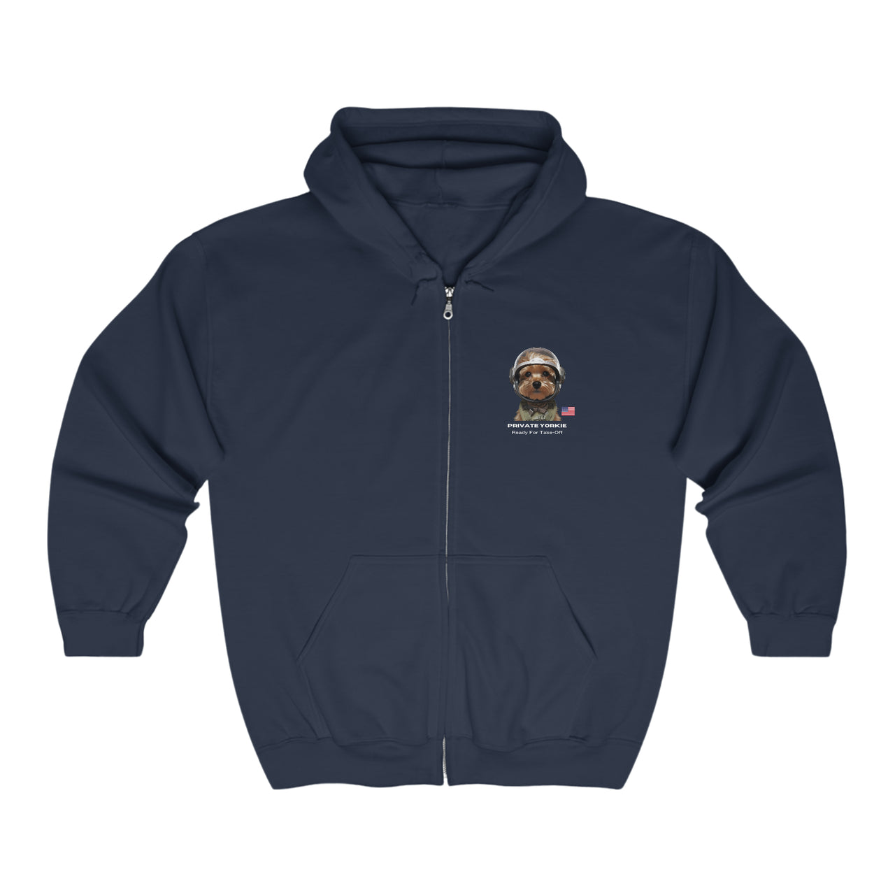 Private Yorkie Ready For Take Off Unisex Full Zip Hoodie-Navy-Front
