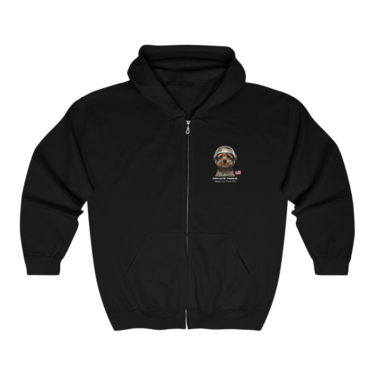 Private Yorkie Ready For Take Off Unisex Full Zip Hoodie-Black-Front