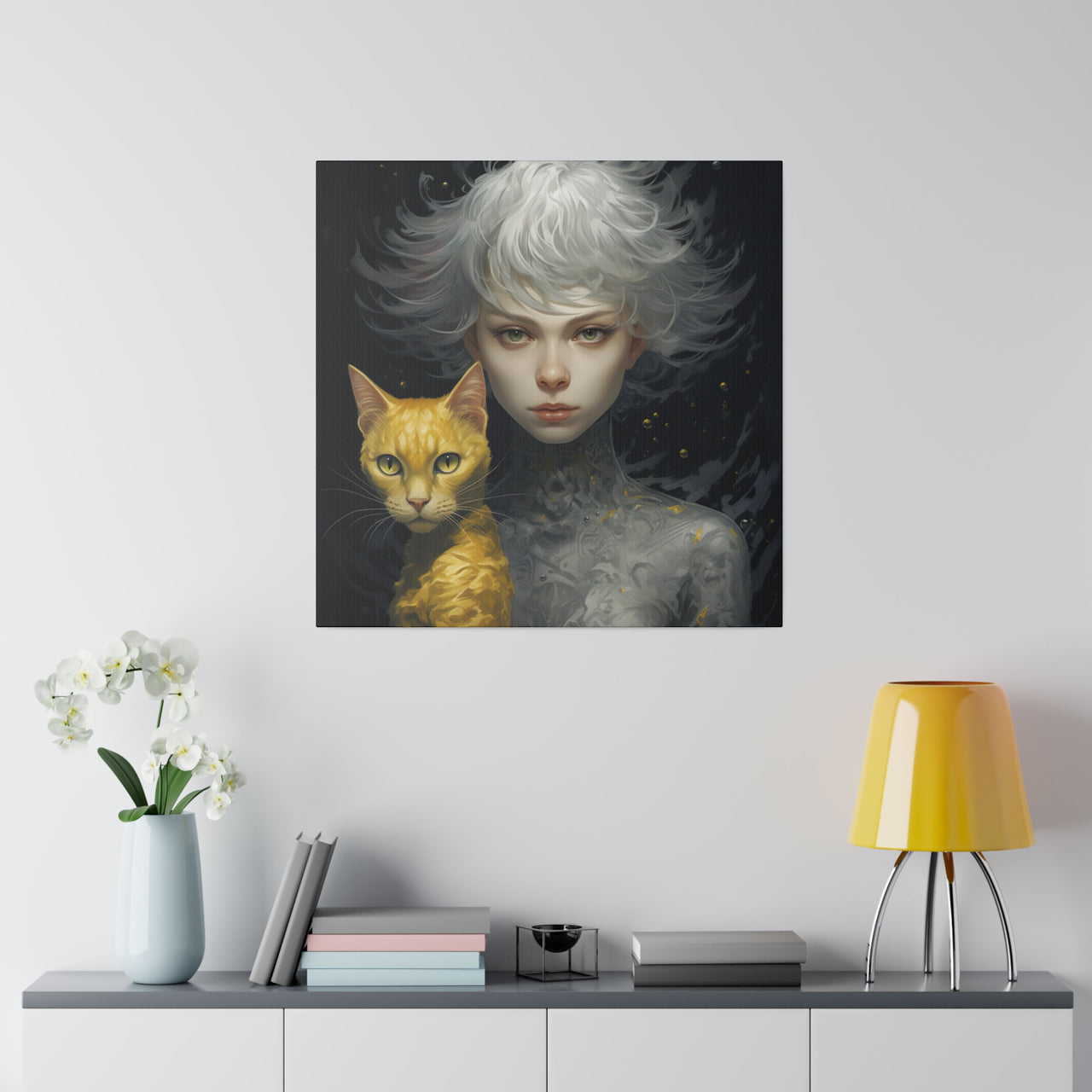 Woman Holding a Gold Cat on Canvas Art