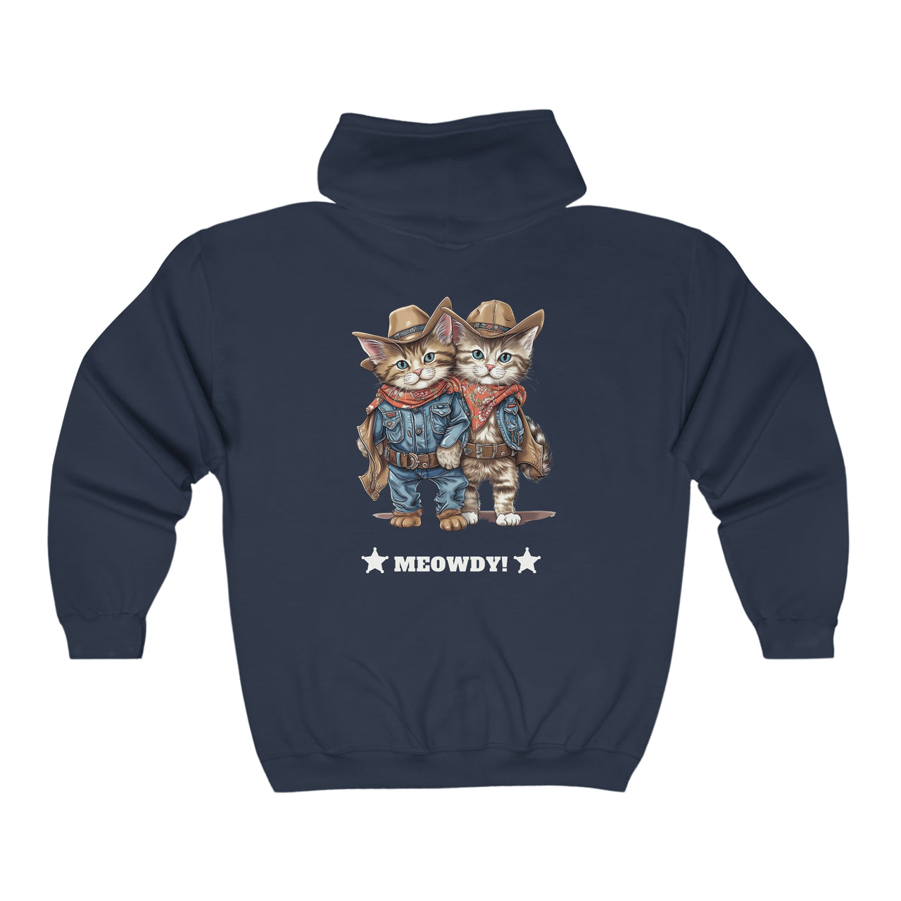 Meowdy Unisex Full Zip Hooded Sweatshirt Kittens Dressed as Cowboys-Navy-Back