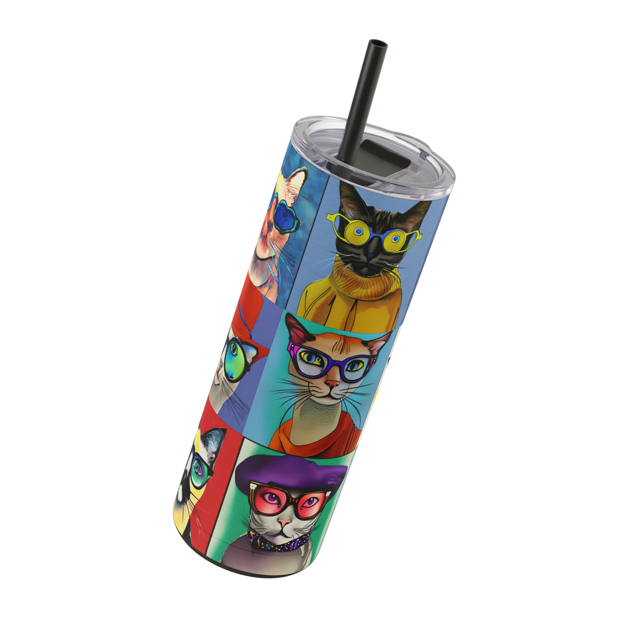 Groovy Cat Faces Skinny Tumbler with Straw, 20oz