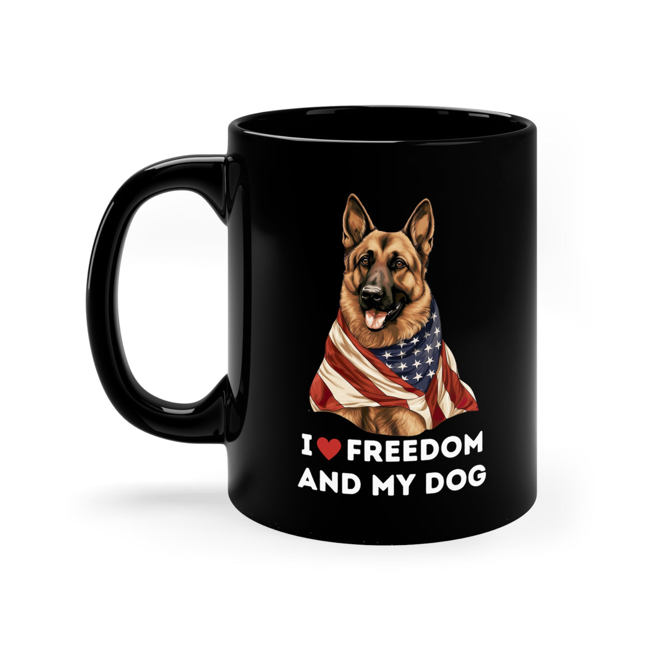 I Love Freedom and My Dog Black Mug, 11oz
