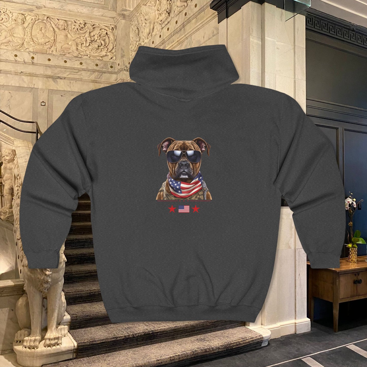 Patriotic Bulldog with US Flag Design Zip Hoodie