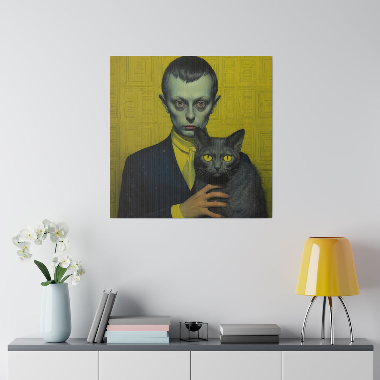 Odd Fellow Holding A Gray Cat Canvas Art