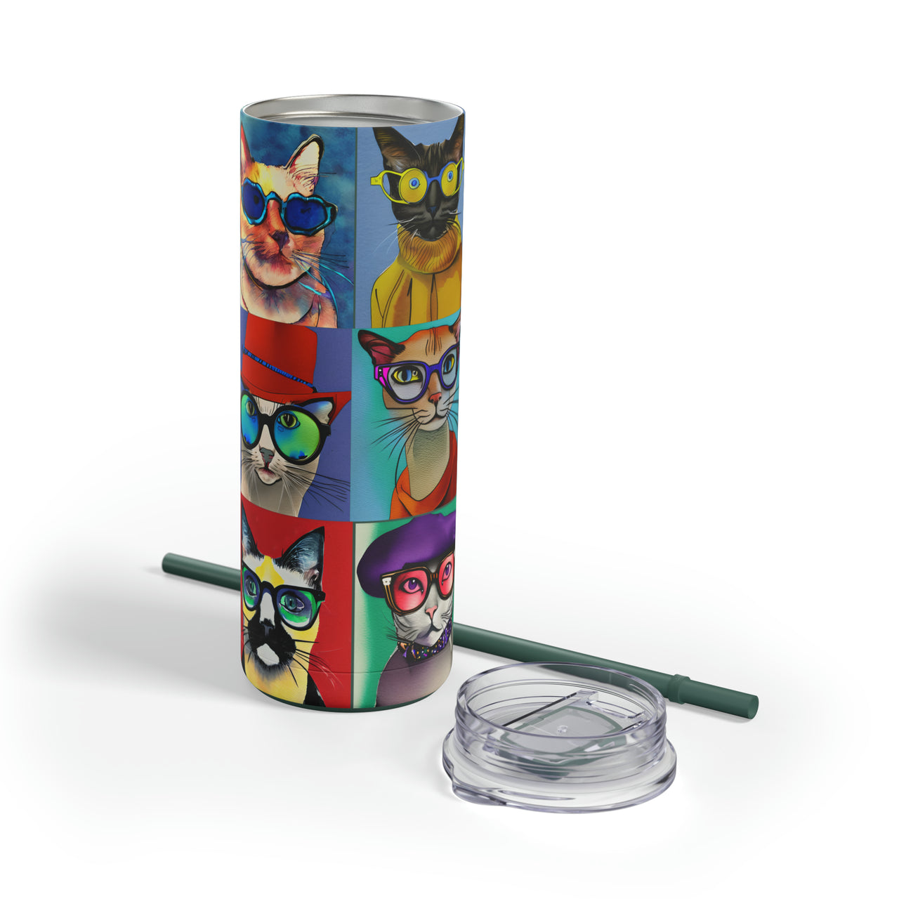 Groovy Cat Faces Skinny Tumbler with Straw, 20oz