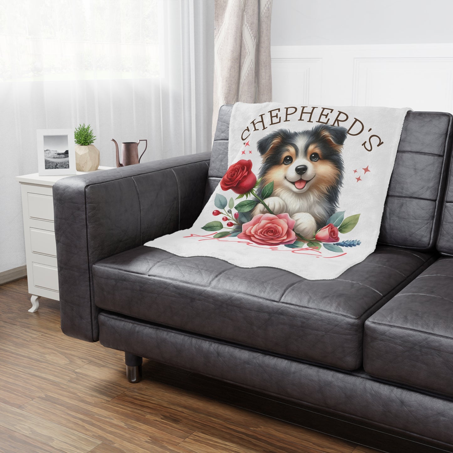 Plush Minky Blanket — Cute Aussie Pup with Roses