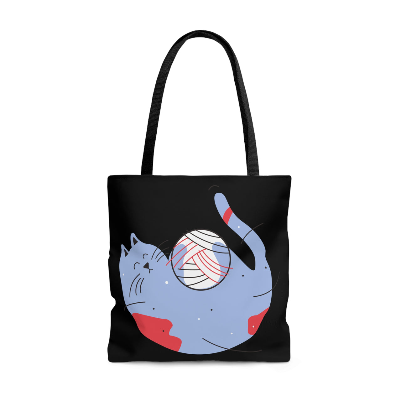 Cat With Yarn Ball Black Large Tote Bag