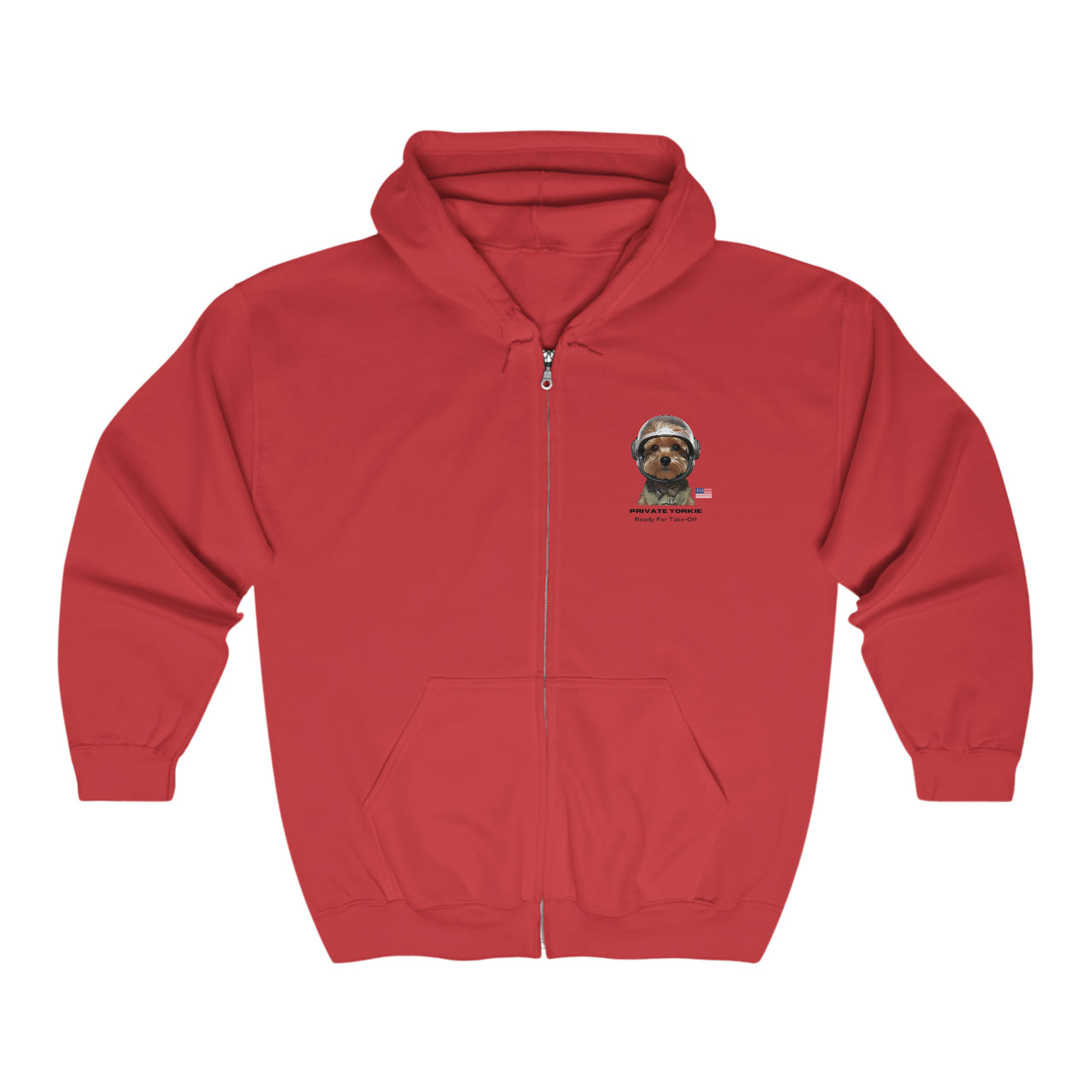 Private Yorkie Ready For Take Off Unisex Full Zip Hoodie-Red-Front