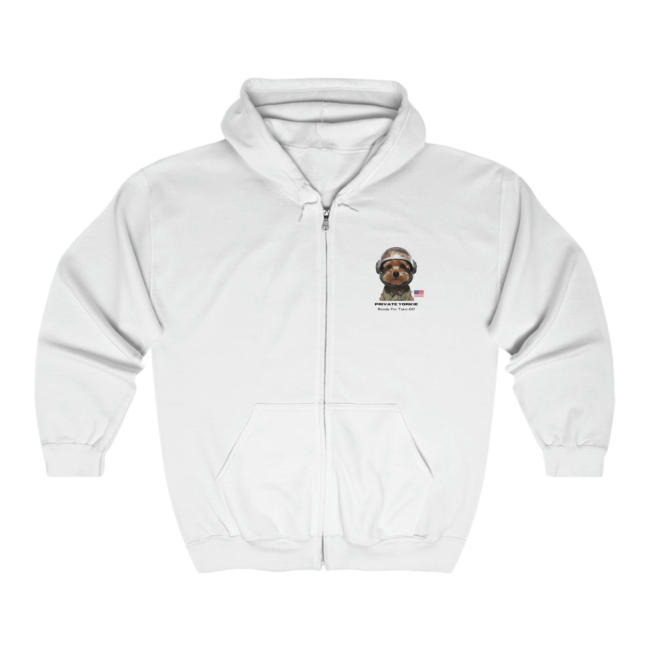 Private Yorkie Ready For Take Off Unisex Full Zip Hoodie-White-Front