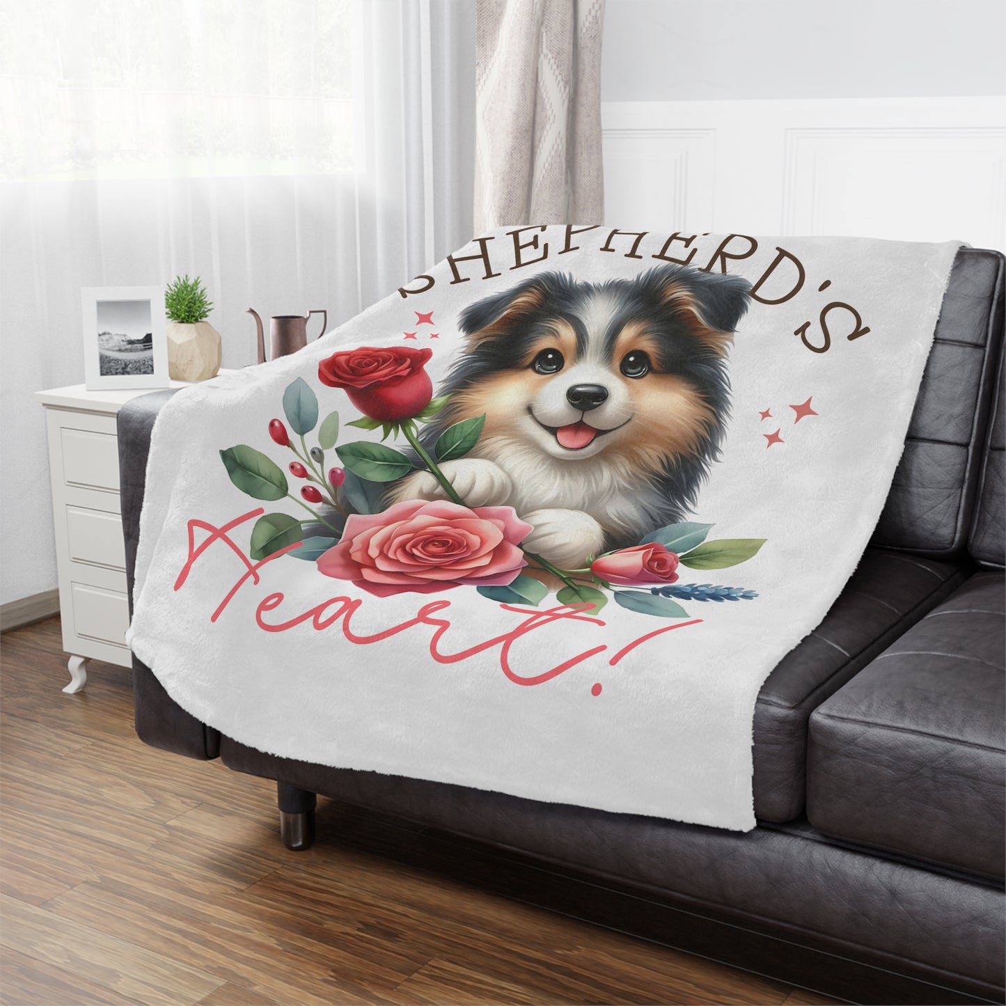 Plush Minky Blanket — Cute Aussie Pup with Roses