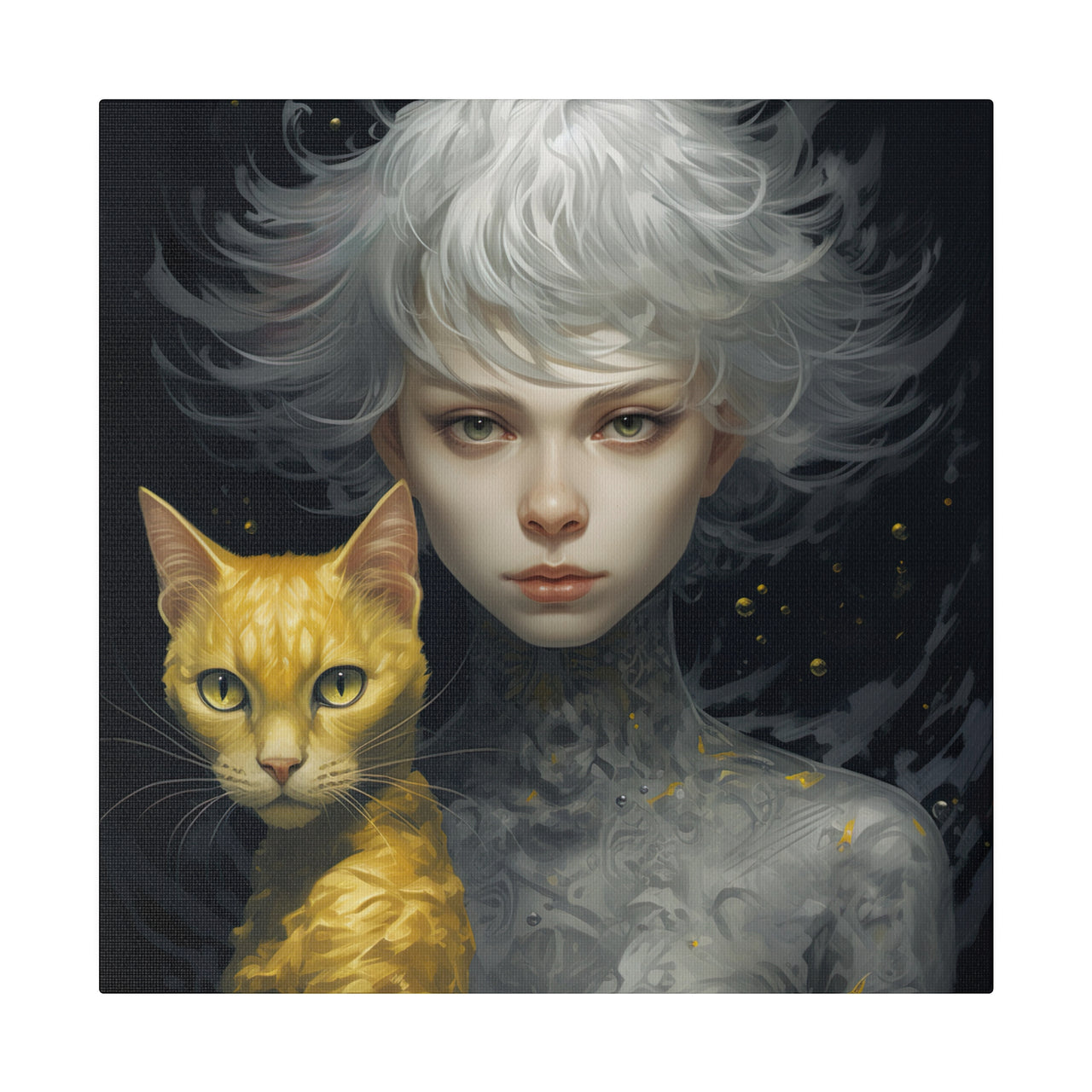Woman Holding a Gold Cat on Canvas Art