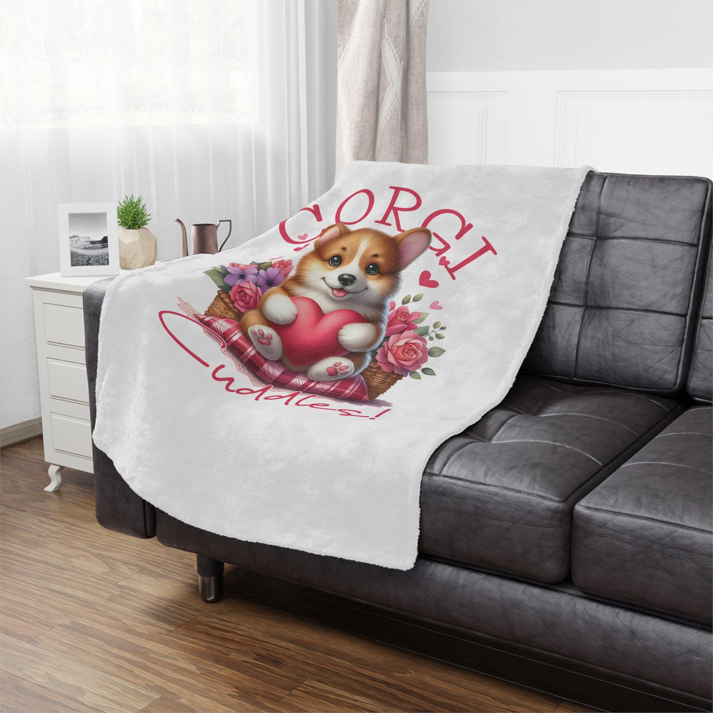 Corgi Cuddles Minky Blanket with Heart & Roses